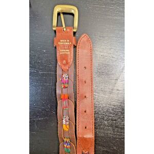 Vintage Guatemalan Leather & Handwoven Womens Belt 35" Med Colorful Gold Accents
